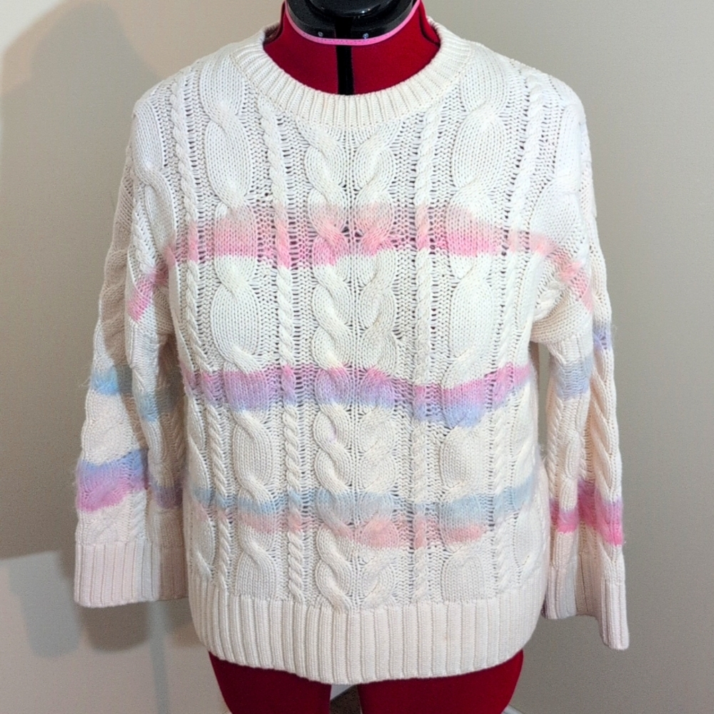 Oui| Women's Cream Cable Knit Sweater with Pink and Blue Cotton Candy Accents